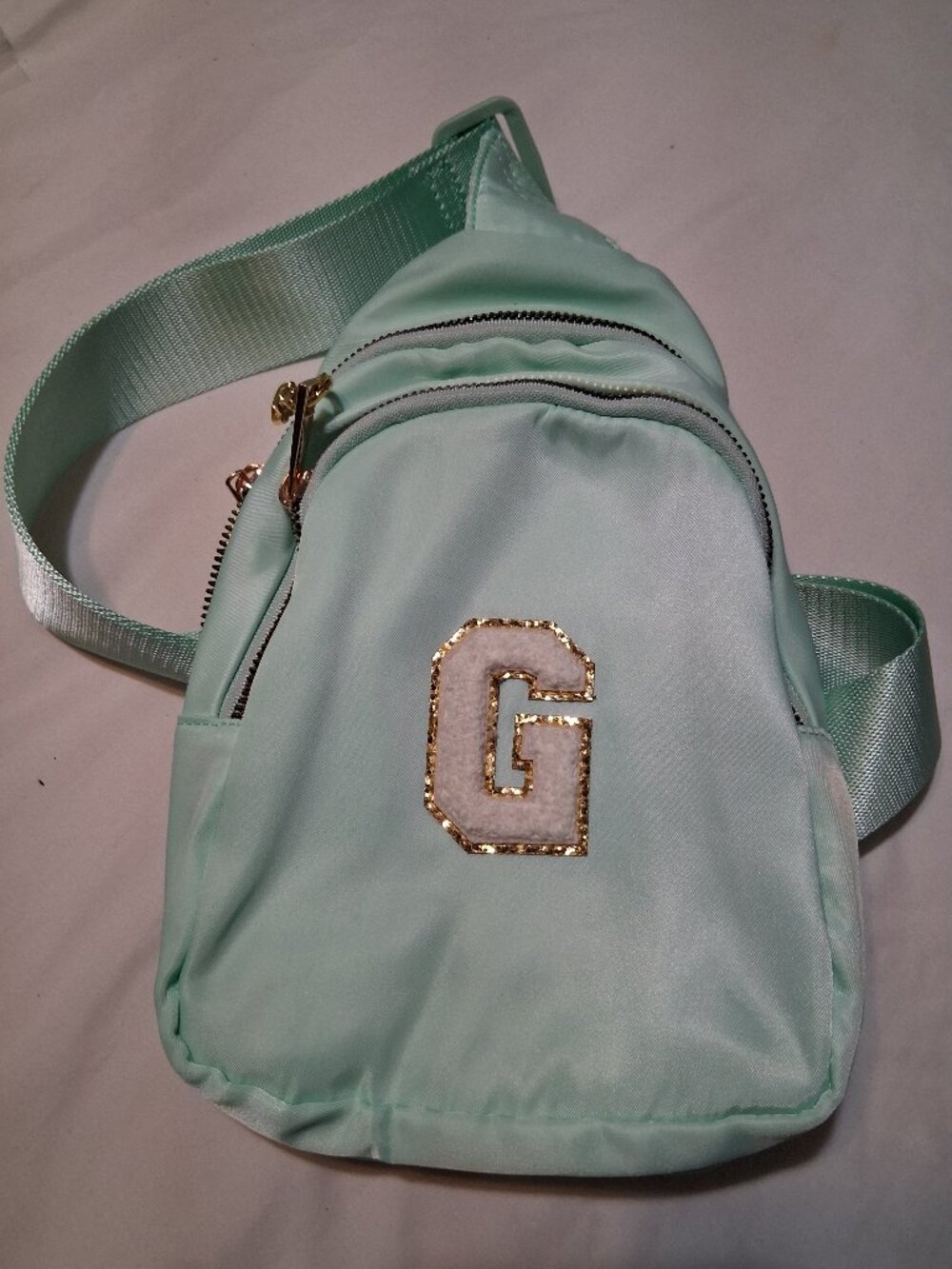 Mint Green Varsity Letter G Chenille Patch Mini Sling Bag Backpack Crossbody